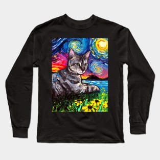 Tabby Tiger Cat Starry Night Long Sleeve T-Shirt